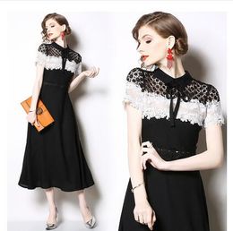 New design women's o-neck short sleeve black white Colour block lace floral patched chiffon high waist a-line maxi long dress SMLXLXXL