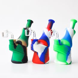 New 6.7" Silicone Bong with 4mm Quartz Banger Recycler Bubbler Glass Water Bongs dab oil rig