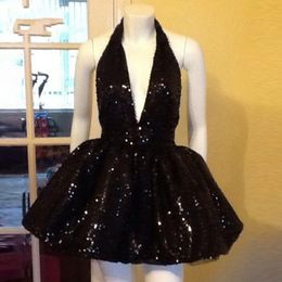 cheap short black party dresses UK - Sexy Black Sequined Short Homecoming Dresses Cheap Halter Deep V Neck Backless Formal Party Dress Prom Gowns Cheap Robe De Cocktail Vestidos