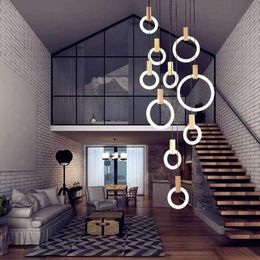 Modern Circular Ring Pendant Lights Pendant Light Rings Acrylic Dining Table Chandelier Height Adjustable LED Wood Chandelier