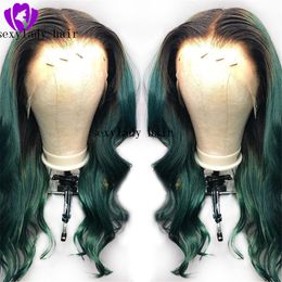 High quality simulation human hair wavy African American Bob Wigs Ombre Green Short Straight Synthetic lace front Wigs For Black Women