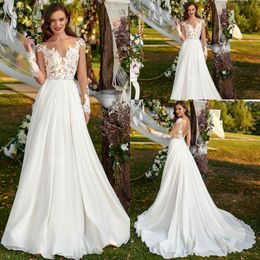 Summer Bohemian Wedding Dresses Chiffon Appliqued Long Sleeve Wedding Dress Beach Sweep Train Custom Made Vestidos De Novia