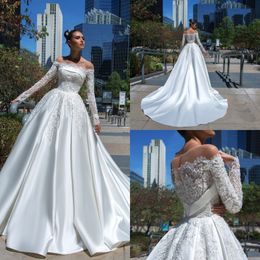 Simple Crystal Design A Line Wedding Dresses Jewel Long Sleeve Lace Applique Sequins Wedding Gowns Sweep Train robe de mariée