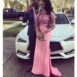 African Nigeria Pink Mermaid Prom Dresses with Lace Appliques Long Sleeve Evening Dresses High Neck Formal Party Gowns