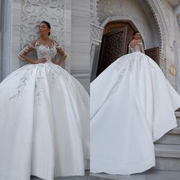 Stunning Sequins Luxury Ball Gown Wedding Dresses Beads Off Shoulder Long Sleeve Bridal Gowns Sparkly Sweep Train Puffy Wedding Dr172p