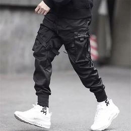 Men Ribbons Color Block Black Pocket Cargo Pants 2019 Harem Joggers Harajuku Sweatpant Hip Hop Trousers Black Street Dance Pant