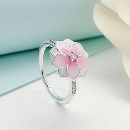Fashion Pink Magnolia Rings for Pandora 925 Sterling Silver Hand Epoxy Elegant High Quality Ladies Ring with Box Gift