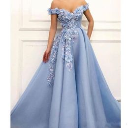 New Blue Off the Shoulder Prom Dresses 3D Flower Appliqued Beading Abendkleider Evening Gowns Draped Long Party Dress