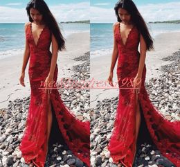 Sexy Deep V-Neck Evening Dresses Mermaid Lace Sequins Applique High Split Custom Party Wear Robe De Soiree Prom Ball Pageant Gown