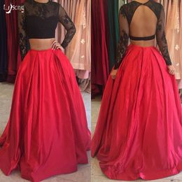 Fashion Two Pieces Prom Gown Suit Red and Black Lace Long Sleeves Backless Corset Graduation Lady Girl Party Event Wear Multi Tulle Layers