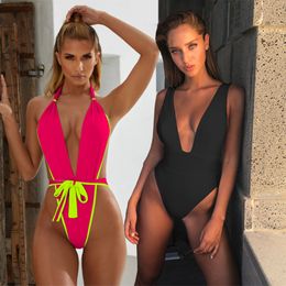 New Sexy Thong Swimsuit one piece Women bathing suits Halter monokini 2019 Mujer Swimwear front tie backless solid tanga trikini