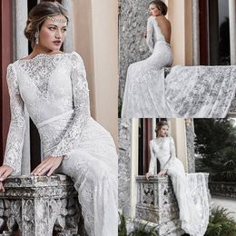 2020 Gorgeous Mermaid Wedding Dresses Long Sleeve Backless Sash Beads Appliques Lace Wedding Dresses Chapel Train Vestidos De Novia