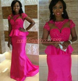 Stunning Peplum Lace Fuchsia Mermaid Evening Dresses African Black Girl Sheer Prom Formal Gowns Celebrity Party Vestido de noche Pageant