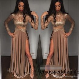 2020 Newest Jewel Neck Long Sleeve Chiffon Evening Dresses Sequin Beaded Side Split Formal Evening Gowns Prom Party Dresses