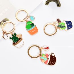 Hot new enamel Cactus keychains women Succulent Potted keychain beach style hat rings creative car key holder cute key finder WCW201