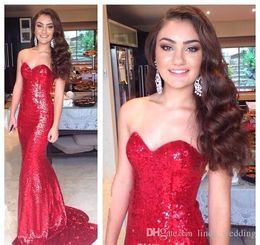 2019 Sequined Mermaid Prom Dress New Red Long Formal Holidays Wear Graduation Evening Party Gown Custom Made Plus Size
