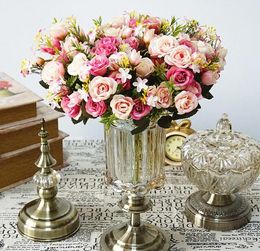 Hem Dekorativa Blommor Små Rosebukett Konstgjorda Blommor 5 Forks 10 Blommor Huvud Bröllopsdekorationer Rose Silk Blomma