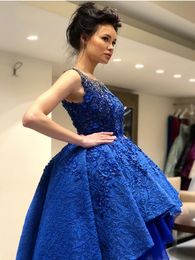 Suadi Arabic Royal Blue Lace High Low Prom Dresses crew 2020 Pretty 3D Flower Beaded evening Gowns Fashion Party Dresses Vestidos Longo