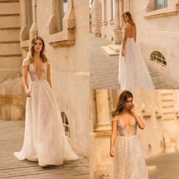 berta wedding dresses deep v neck lace appliqued a line sexy backless cap sleeve beach wedding gowns sweep train boho bridal dress