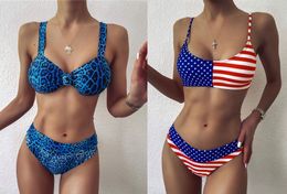 One piece sport Bikinis set American flag print fold simple Leopard Print girl star stripe decoration front chest cross drawstring wear
