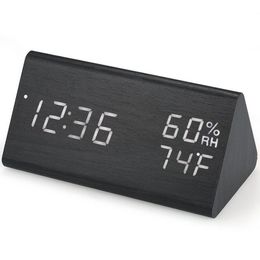 Wooden Digital Alarm Clock LED Alarm Clock USB/Battery Powered Dimmer Indoor Hygrometer Thermometer Clock with Sound Control