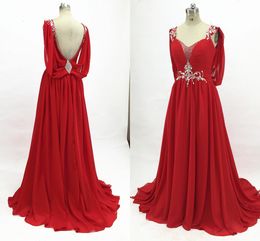 Deep V Neck Backless Red Chiffon Prom Dresses 2020 Sequined Crystal Beading Formal Evening Gowns Long A Line Floor Length