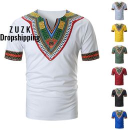 ZUZK T-shirts Men Summer Casual African Print V Neck Pullover Short Sleeve T-shirt Top Blouse camiseta