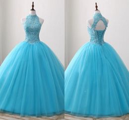 Aqua Blue Lace Quinceanera Dresses Ball Gowns Prom Girls 2020 High Neck Lace-up Tulle Beaded Crystal Girls Graduation Prom Dress Cheap