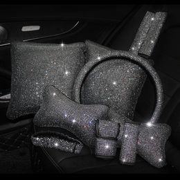 Bling Rhinestones Crystal Car Interior Accessories Diamond Steering Wheel Cover Neck pillows Waist Support Handbrake Shift Set244n