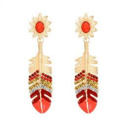 Feather-shaped Drop Dangle Earrings with Rhinestone Acrylic Beads Gold Alloy Statement Stud Earrings for Women Gifts