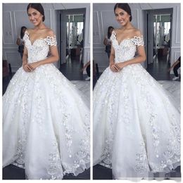 Luxury Crystals Wedding Dresses Off the Shoulder Lace Applique Chapel Train Tulle Princess Wedding Bridal Ball Gown Vestido de novia