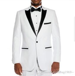 New Arrivals White Groom Tuxedos Peak Lapel Man Prom Party Dress Blazer Mens Wedding Suits (Jacket+Pants+Tie) D:325