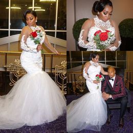 Top Quality African Mermaid Wedding Dresses Plus Size Lace Appliqued Jewel Neck Trumpet Court Train Beaded Lace and Tulle Sexy Bridal Gowns