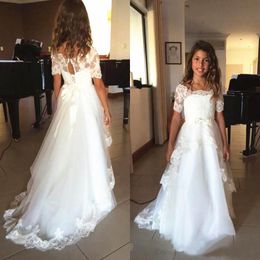 Half Sleeve Lace Flower Girl Dress Boat Neck Bow Sash Floor Length A Line Kids Pageant Dress Birthday Party Gowns Custom Made