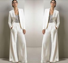 New Bling Sequins Ivory White Pants Suits Mother Of The Bride Dresses Formal Chiffon Tuxedos Women Party Wear Fashion Modest