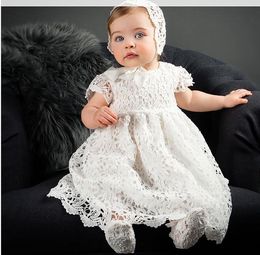 INS Baby girls party dresses kids lace hollow crochet embroidery dress 1 Years baby birthday Ball Gown toddlers baptism dress with hats A01555
