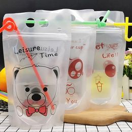 500pcs/lot New Design 8 Style Frosted Plastic Drink Packaging Bag for Beverage Juice Milk Coffeewith Handle and Holes for Straw