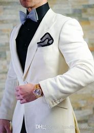 New Arrivals One Button Groom Tuxedos Peak Lapel Groomsmen Best Man Blazer Mens Wedding Suits (Jacket+Pants+Tie) D:339