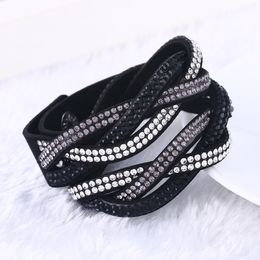 Fashion-8 Colours Fashion Rhinestone PU Braid Leather Wrap Bracelet Crystal Multilayer Bracelets Bangles for Women