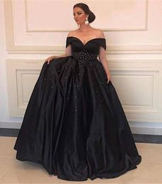 Sexy Black Satin A Line Evening Dresses Beaded Off Shoulder Floor Length Cheap Prom Dresses Formal Dress Evening Party Wear Robe Vestidos