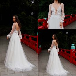 floral wedding dress vneck a line appliqued lace long sleeves bridal dress sweep train tulle illusion backless robes de marie