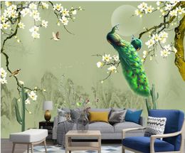 New Chinese style window mural wallpaper landscape magnolia green flowers and birds background wall decoration painting