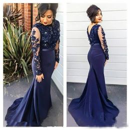 Navy Blue Long Illusion Sleeves Evening Dresses Beaded Lace Applique Jewel Neck Sweep Train Mermaid Ribbon Prom Party Ball Gown