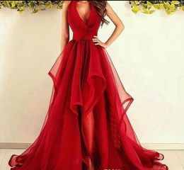2019 cheap Sexy Red Halter deep V neck A Line Tulle Sweep Train Simple Ruffle Prom Dresses Prom Dresses Custom Made Formal Evening Wears