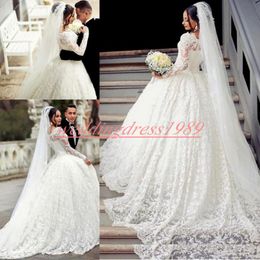 Glamorous Arabic Long Sleeve Lace Wedding Dresses Said Mhamad Train Robe de mariée Ball Gowns Sheer Church Bride Bridal Dress A-Line