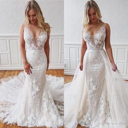 Elegant Mermaid Wedding Dresses With Removable Train 2020 Lace V Neck Sexy Backless Bridal Wedding Gowns Plus Size BC2767