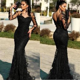 Vintage Lace Mermaid Formal Evening Dresses Long Sleeves Beads Appliques Sweep Train Prom Dress Party Gowns robes de soirée