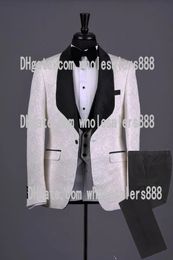 Men Suits Ivory Pattern and Black Groom Tuxedos Shawl Satin Lapel Groomsmen Wedding Best Man 3 Pieces ( Jacket+Pants+Vest+Tie ) L435