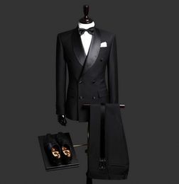Handsome Double-Breasted Groomsmen Shawl Lapel Groom Tuxedos Men Suits Wedding/Prom/Dinner Best Man Blazer(Jacket+Pants+Tie) AA156