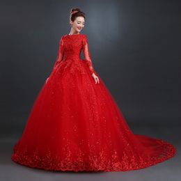 Red Ball Gown Modest Wedding Dresses With Long Sleeves High Neck lace Appliques Tulle Country Western Women Gothic Birdal Gowns Sleeved